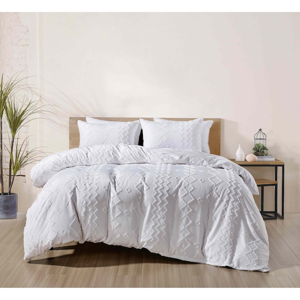 2000 Count Tufted Duvet Cover 3-Piece - Queen - White